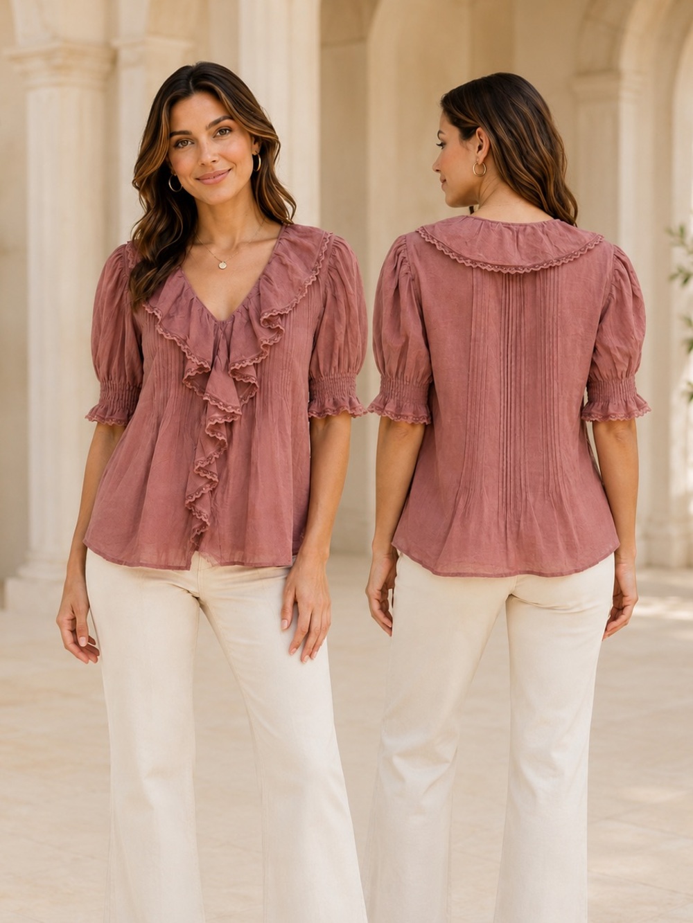 Muse Ruffled V-Neck Blouse in Mauve